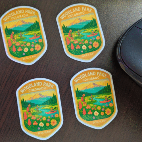 Woodland Park, Co mountain river, Wildflowers, kayaker water bottle sticker image 0