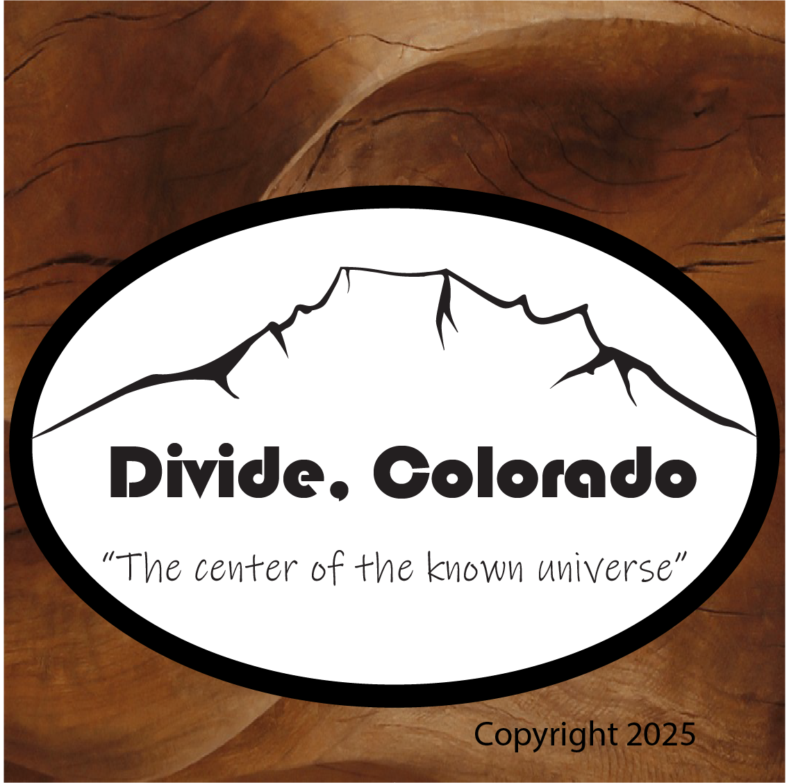 Black and white oval stickers by Brian Lloyd Designs divide Colorado. This is a Divide Colorado, the center of the unknown universe, black and white oval sticker.