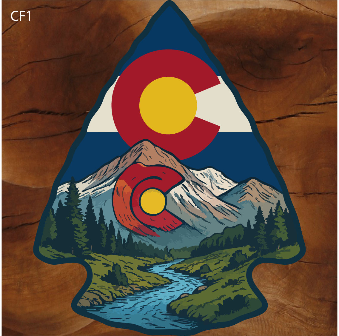 This is an arrowhead sticker showing the Pikes Peak, Colorado mountain range with a beautiful stream and the Colorado flag and colors, designed and printed by Brian Lloyd Designs, Pikes Peak Printing.com.
