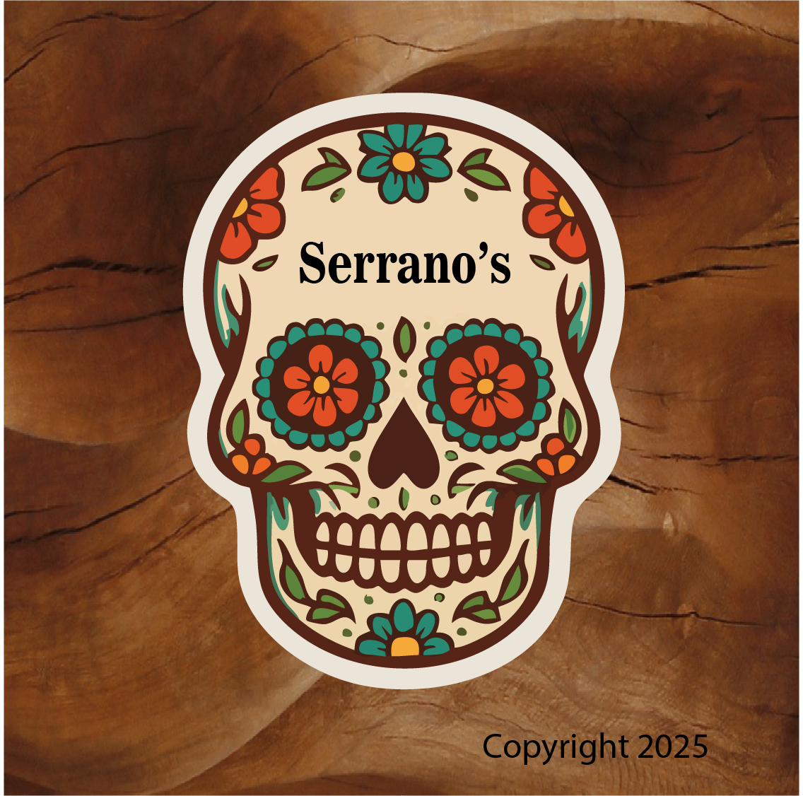 Brian Lloyd Designs name drop stickers, Mexican skull stickers, Mexican skull sticker. Brian Lloyd Designs mexican restaurant stickers. Mexican merch stickers.