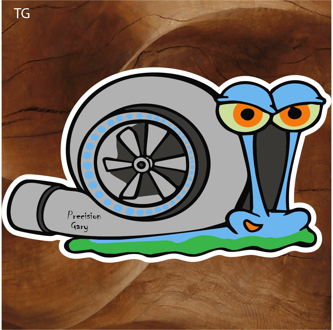 turbo snail sticker, turbocharger sticker, precision gary sticker, funny car sticker, turbo car decal, automotive humor sticker, boosted car sticker, turbo enthusiast decal, gearhead sticker, car performance sticker