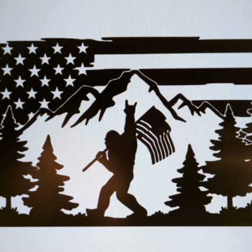 Sasquatch Bigfoot American flag trees and mountains Decals / Stickers image 0