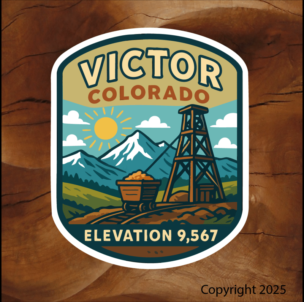 Victor, Co Stickers with rich old mining town history with ore cart, Elevation image 0