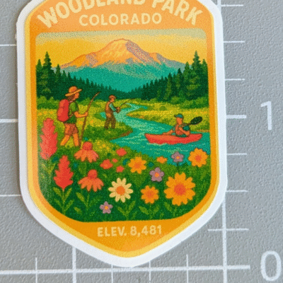 Woodland Park, Co mountain river, Wildflowers, kayaker water bottle sticker image 2