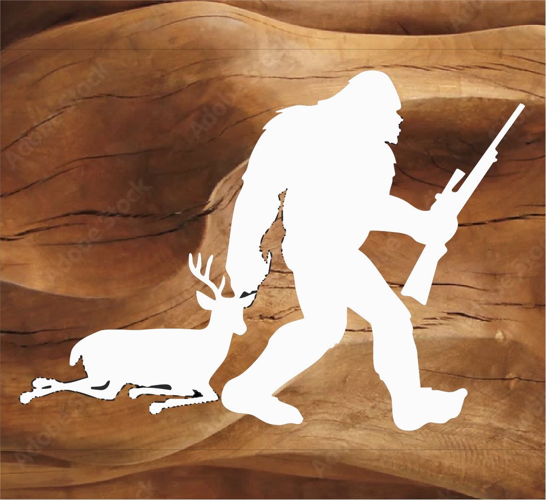 Bigfoot Sasquatch stickers - Bigfoot Sasquatch dragging a deer with a hunting rifle sticker by Brian Lloyd Designs.