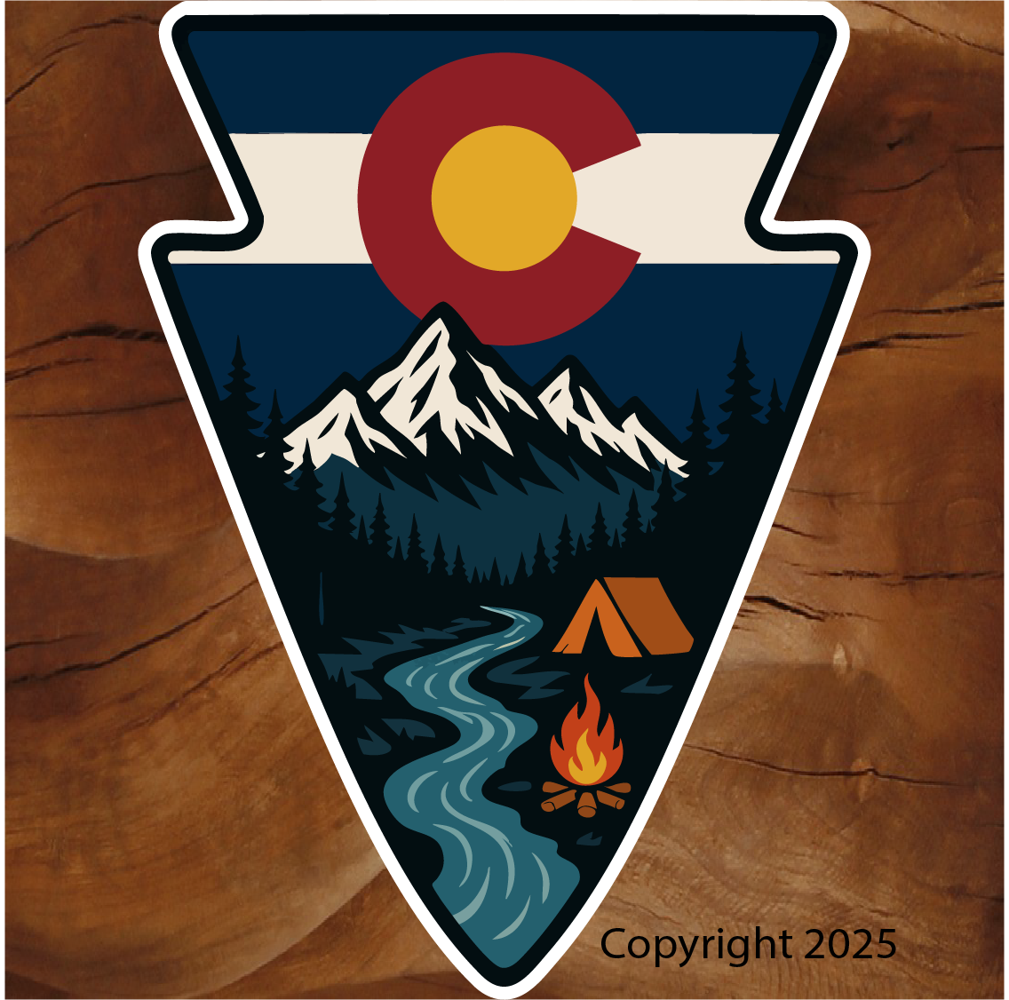 Colorado arrowhead sticker, Colorado wilderness sticker, Colorado flag sticker, arrowhead sticker, camping sticker, mountain landscape sticker, river sticker, campfire sticker, tent camping sticker, outdoor adventure sticker, hiking sticker, camping lifestyle sticker, nature sticker, national park style sticker, illustrated outdoor sticker, vinyl outdoor sticker, waterproof vinyl sticker, water bottle sticker, cooler sticker, truck sticker, laptop sticker, car window sticker, outdoor gear sticker, Colorado souvenir sticker, Colorado pride sticker