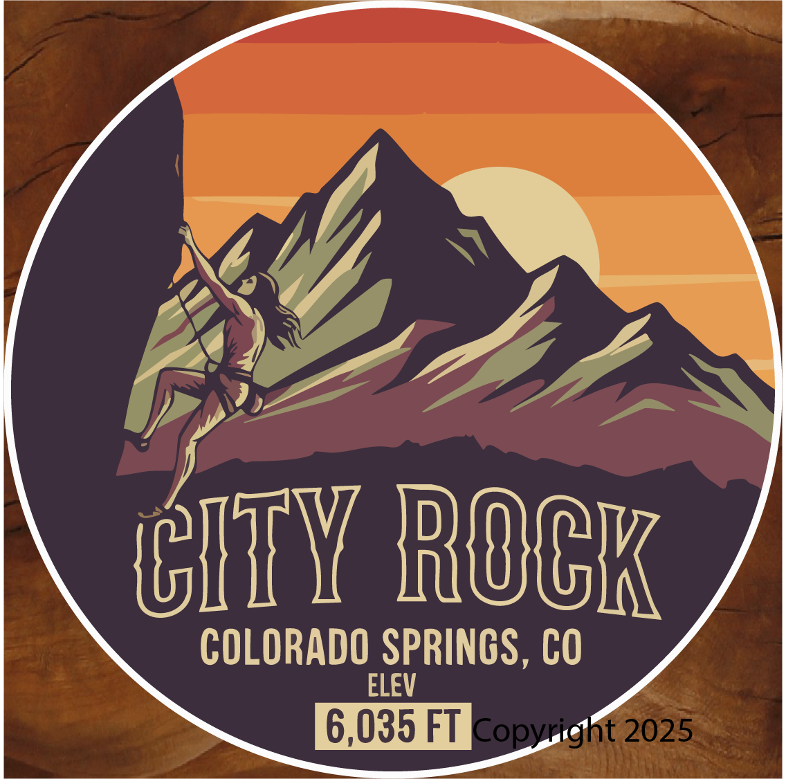 City Rock name drop sticker, City Rock Colorado Springs, City Rock sticker, Colorado Springs name drop sticker, climbing gym sticker, rock climbing sticker, climber sticker, mountain sunset sticker, Pikes Peak area sticker, Colorado Springs sticker, Colorado souvenir sticker, elevation sticker, 6035 ft sticker, local pride sticker, climbing lifestyle sticker, outdoor adventure sticker, illustrated sticker, circular badge sticker, vinyl outdoor sticker, waterproof vinyl sticker, laptop sticker, water bottle sticker, helmet sticker, gear sticker, car window sticker, Colorado gift shop sticker, Colorado Springs gift shop