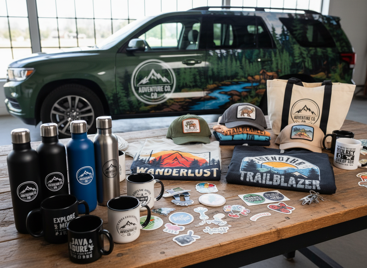 All different kinds of merch: hats, bags, water bottles, all done by Brian Lloyd Designs in Woodland Park, Colorado.