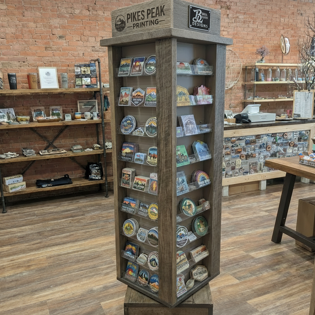 Wholesale Floor Sticker Display by Brian Lloyd Designs, Pikes Peak Printing, rustic looking wood sticker display, wholesale sticker display, free wholesale sticker display.