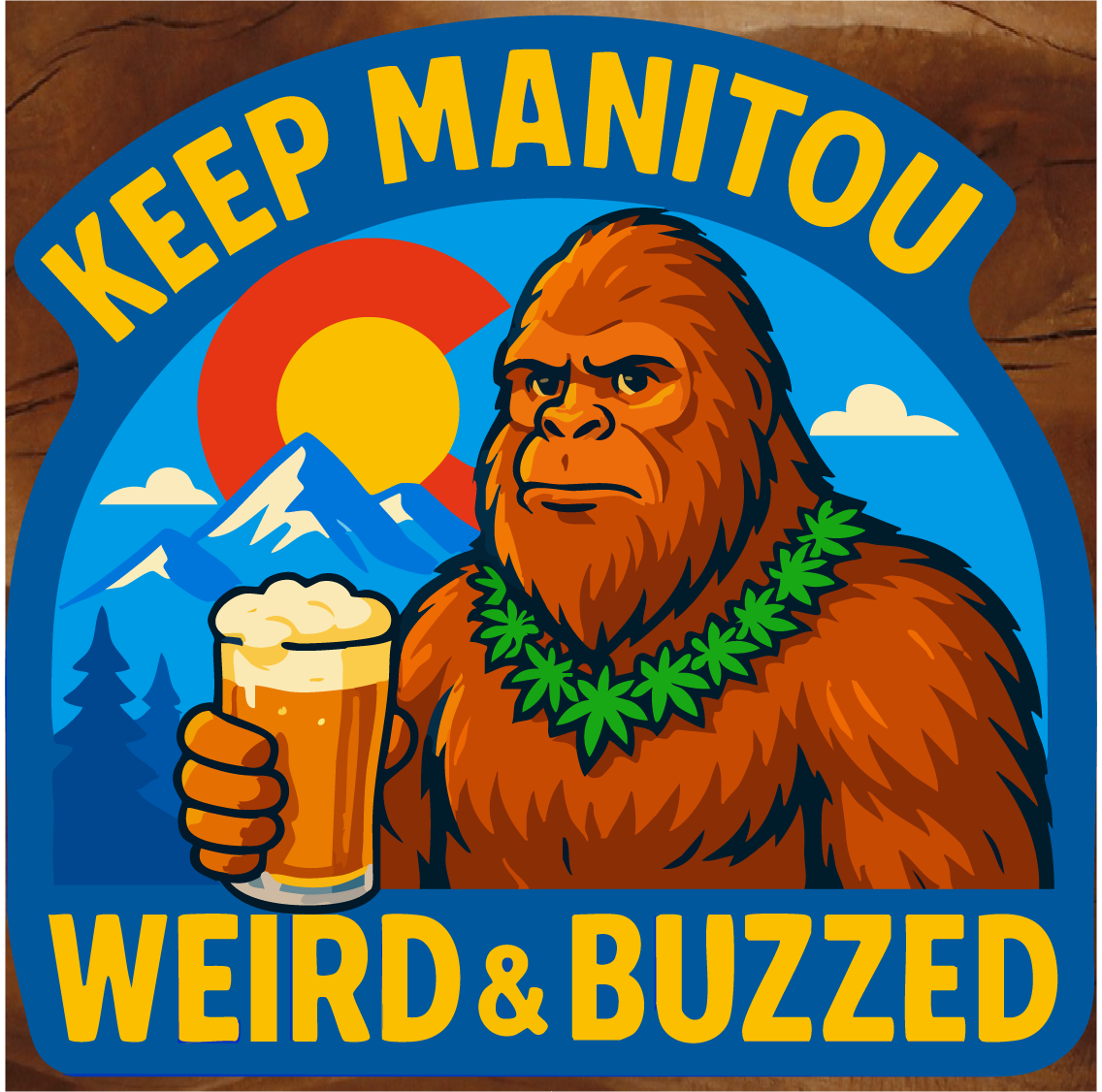 Bigfoot drinking a beer with Marijuana Leaf stickers, Bigfoot marijuana stickers, Manitou Springs stickers, Manitou Weird and Buzz stickers, Manitou beer stickers, Manitou Springs beer stickers, Colorado Springs beer stickers, Colorado Springs Bigfoot Sasquatch stickers, Sasquatch stickers by Brian Lloyd Designs.