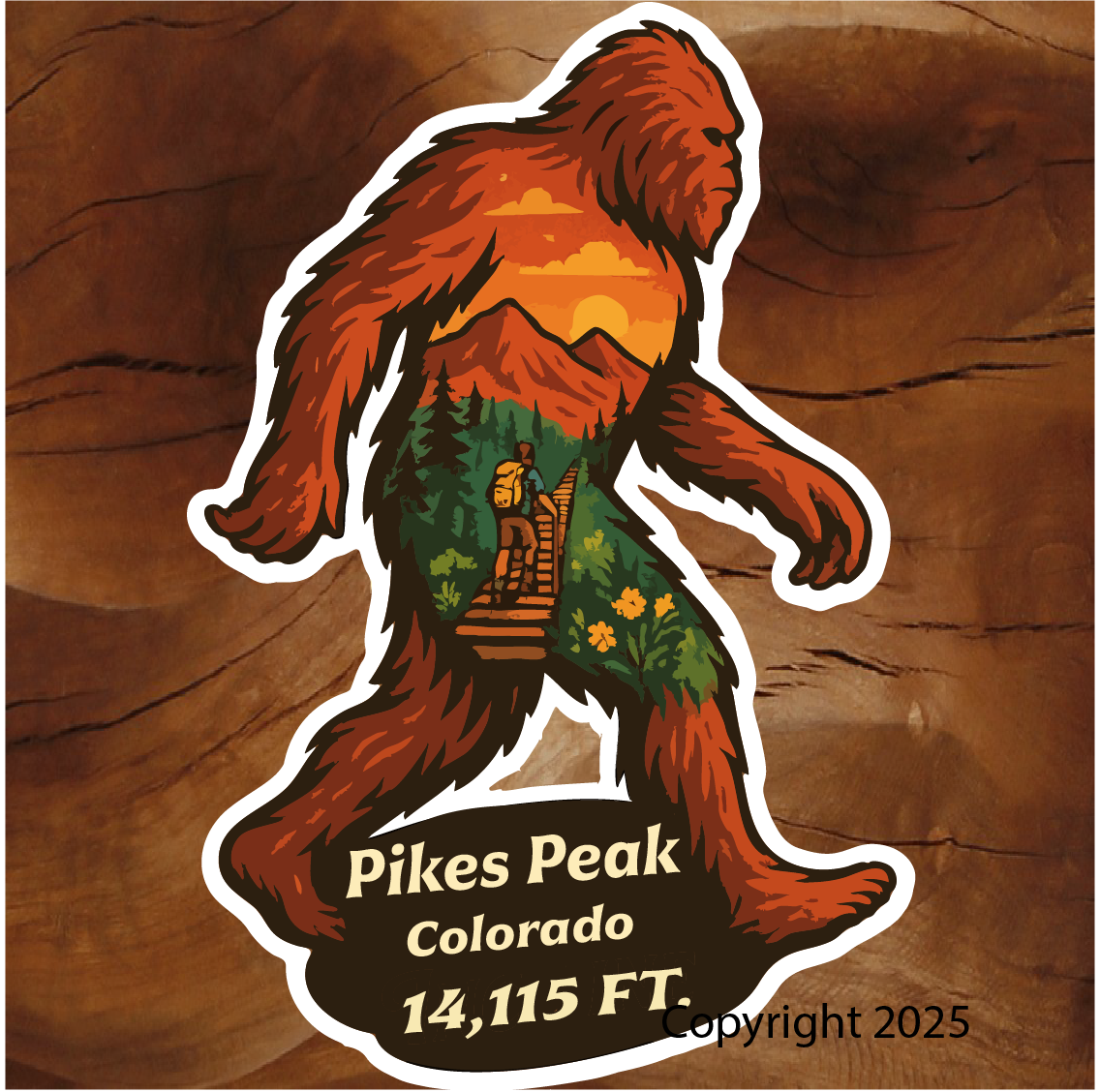 Pikes Peak Stickers, Pikes Peak Yeti Stickers, Pikes Peak Bigfoot Stickers, Bigfoot Colorado Stickers. Brian Lloyd Designs stickers Colorado. Colorado stickers by Brian Lloyd Designs. Pikes Peak Printing Stickers.