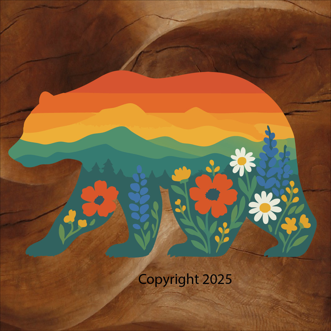 Colorful wildflower bear with beautiful sunset silhouette. Stickers designed and printed in Woodland Park, Colorado by Brian Lloyd Designs.