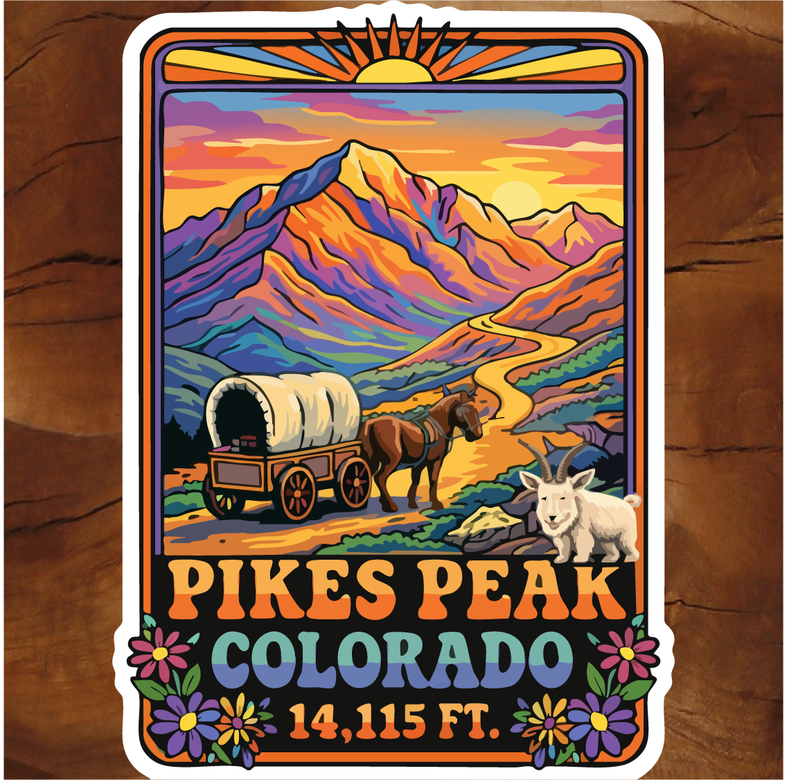Pikes Peak sticker, Pikes Peak Highway sticker, Colorado sticker, Colorado souvenir, mountain goat sticker, covered wagon sticker, historic Colorado sticker, vintage Colorado art, Colorado travel sticker, Pike National Forest sticker, Colorado mountain decal, Colorado wildlife sticker, Western history sticker, old west Colorado, Pikes Peak gift, Colorado gift shop sticker, Colorado vinyl decal