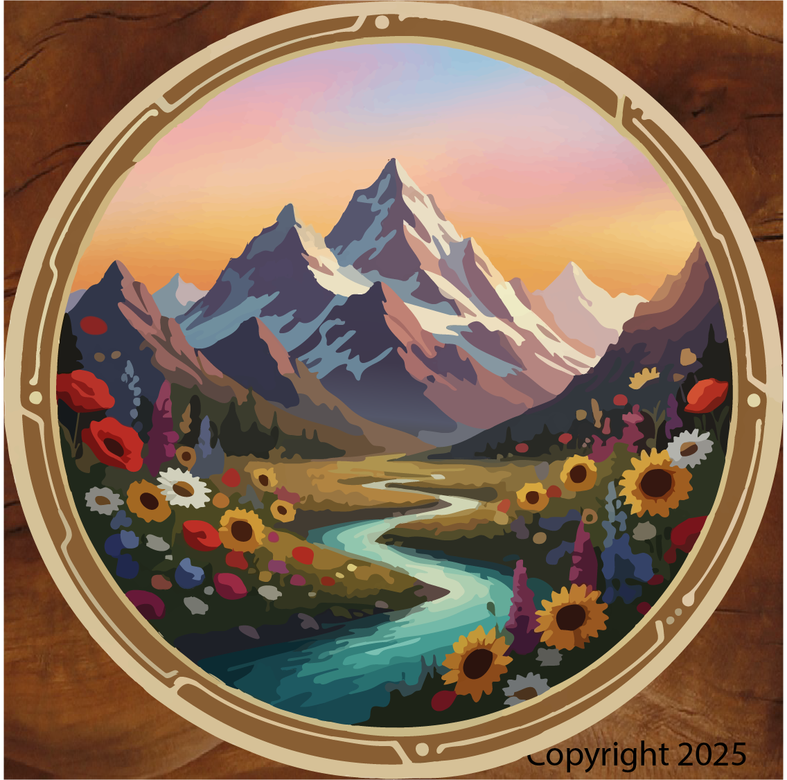 mountain landscape sticker, mountain river sticker, wildflower sticker, alpine scenery sticker, nature sticker, scenic landscape sticker, outdoor adventure sticker, wilderness sticker, hiking sticker, camping sticker, fishing sticker, mountain meadow sticker, river scenery sticker, floral nature sticker, travel sticker, outdoor vinyl sticker, waterproof vinyl sticker, UV resistant sticker, water bottle sticker, laptop sticker, cooler sticker, car window sticker, nature art sticker, wilderness art sticker