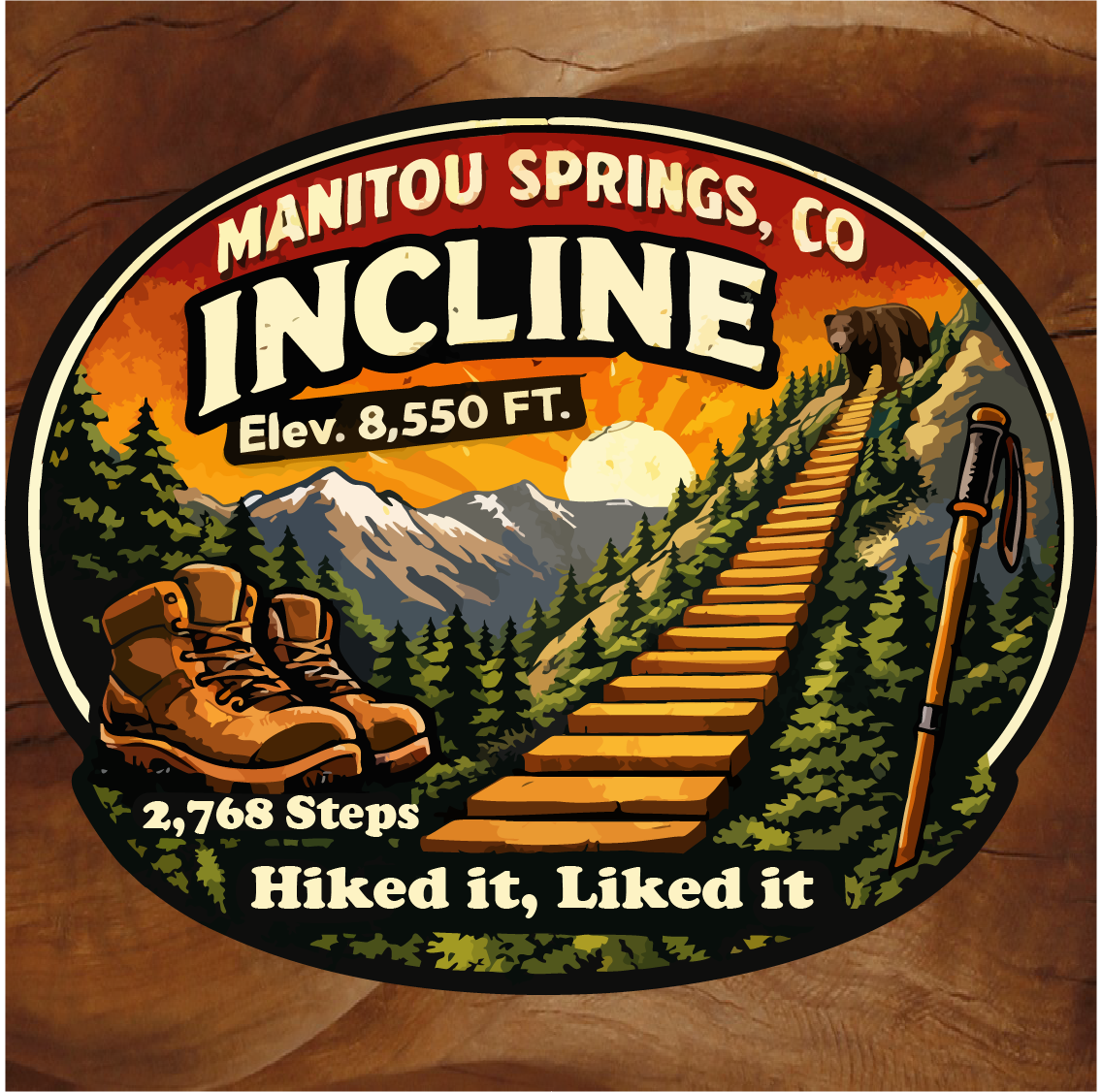 Manitou Incline sticker, Manitou Springs sticker, Manitou Incline 2768 steps, incline hike sticker, Manitou Incline souvenir, Colorado hiking sticker, Colorado mountain sticker, hiked it liked it sticker, stairway hike sticker, outdoor adventure sticker, hiking milestone sticker, fitness achievement sticker, water bottle hiking sticker, hiking decal, trail souvenir sticker, Colorado outdoors sticker, El Paso County Colorado sticker, Pikes Peak region sticker, waterproof vinyl sticker, outdoor vinyl decal, laptop sticker, cooler sticker, car window sticker, made in USA sticker, made in Colorado sticker, Brian Lloyd Designs