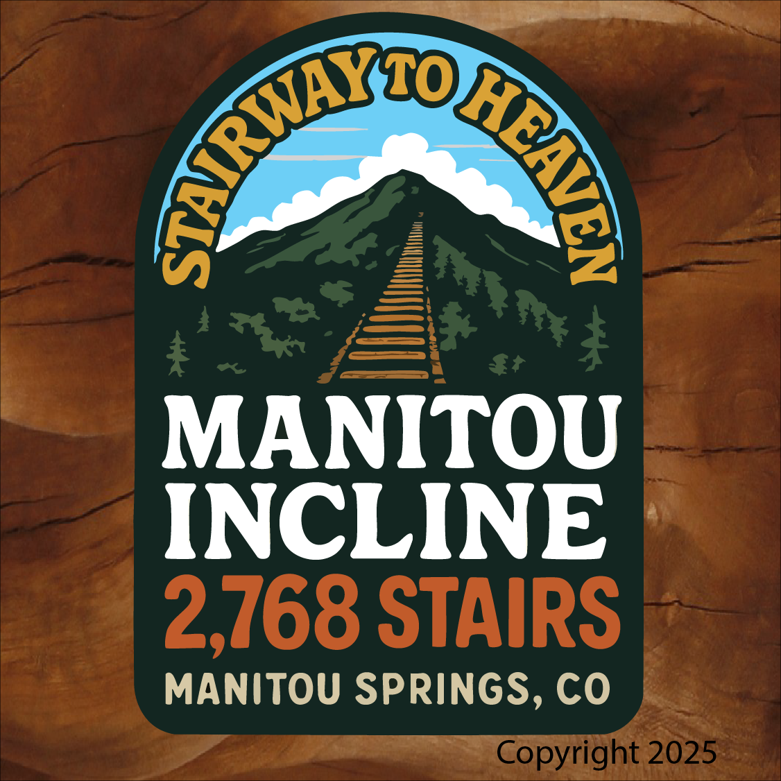 Manitou Incline sticker, Manitou Incline 2768 stairs, Stairway to Heaven sticker, Manitou Springs Colorado sticker, Colorado hiking sticker, Incline hike sticker, fitness challenge sticker, mountain stairway sticker, Pikes Peak area sticker, outdoor adventure sticker, hiking souvenir sticker, Colorado landmark sticker, trail achievement sticker, waterproof vinyl sticker, UV resistant sticker, water bottle sticker, laptop sticker, cooler sticker, car window sticker, gym sticker, Colorado made sticker, Brian Lloyd Designs