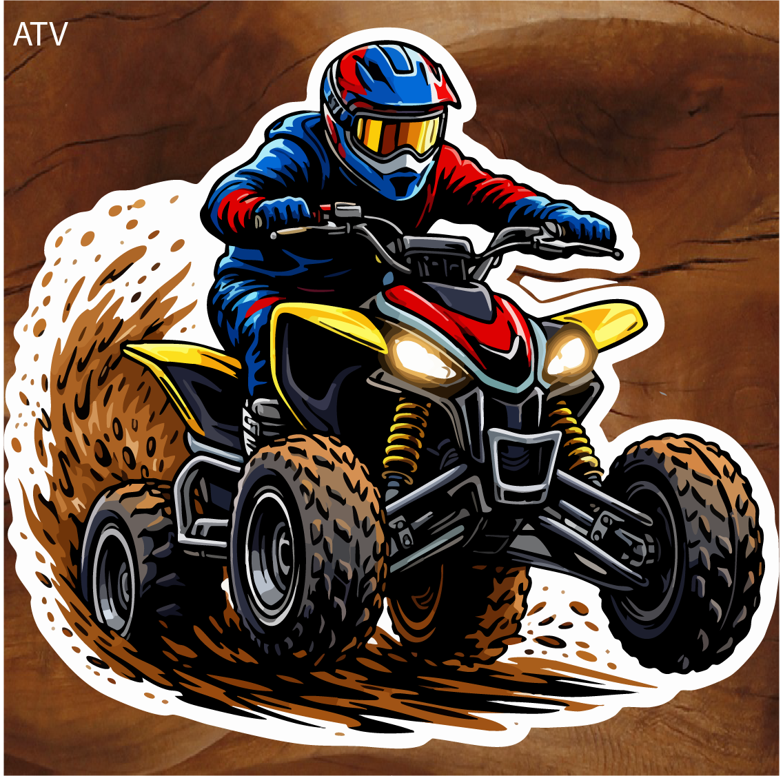 atv sticker, atv rider sticker, quad bike sticker, off road atv sticker, atv mud riding sticker, atv trail riding sticker, four wheeler sticker, atv racing sticker, atv adventure sticker, powersports sticker, dirt riding sticker, off road vehicle sticker, atv enthusiast sticker, mudding sticker, quad rider sticker