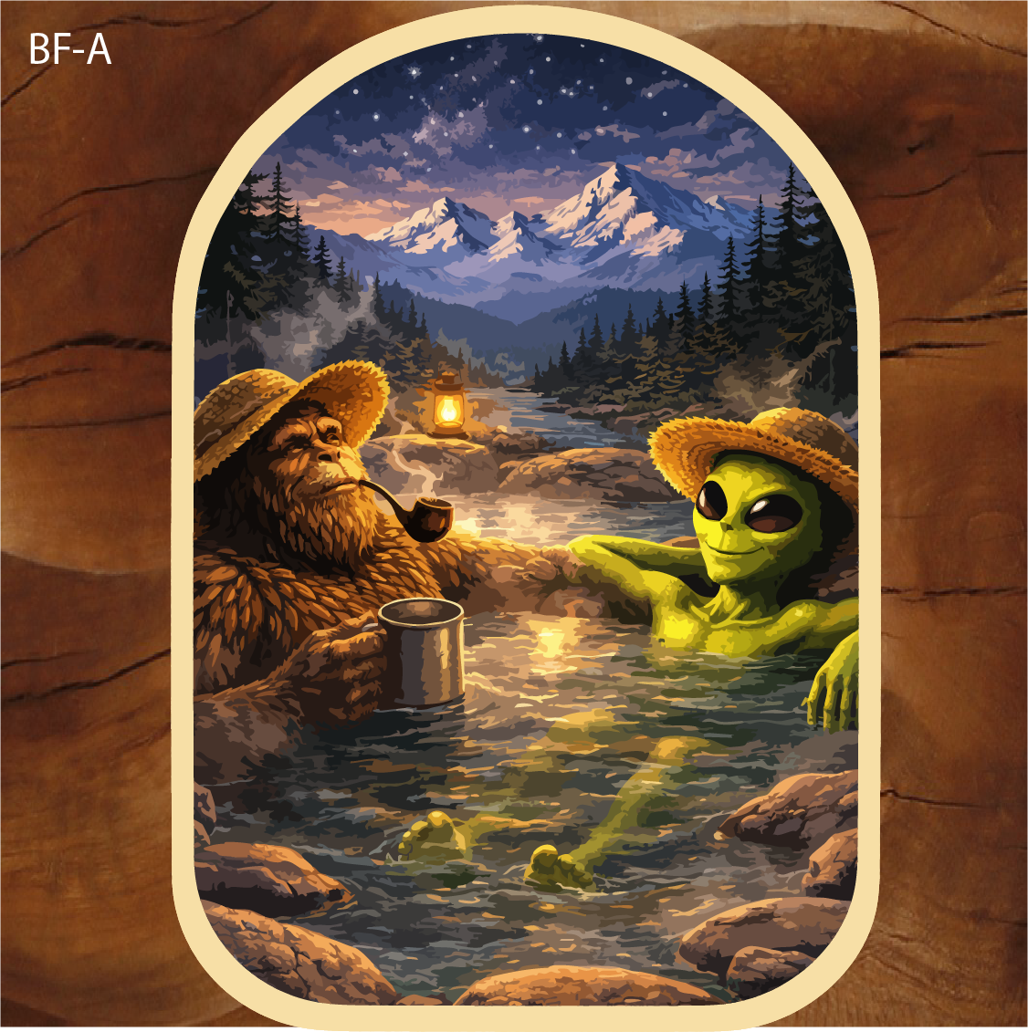 bigfoot alien sticker, sasquatch alien sticker, funny bigfoot sticker, alien camping sticker, cryptid hot spring sticker, bigfoot hot spring sticker, alien sasquatch decal, camping humor sticker, mountain hot spring sticker, cryptid outdoor sticker