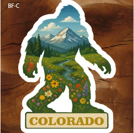 This is a sticker by Brian Lloyd Designs, pikespeakprinting.com. This is a Sasquatch Big Foot with beautiful wild flowers and mountain scenery of Colorado. It's a Colorado sticker. 100% waterproof stickers.