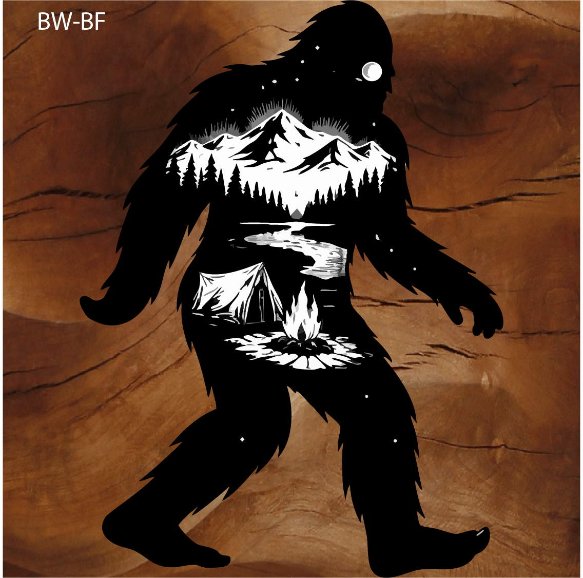 bigfoot sticker, sasquatch sticker, bigfoot camping sticker, sasquatch camping sticker, bigfoot wilderness sticker, bigfoot silhouette sticker, sasquatch wilderness sticker, bigfoot mountain sticker, bigfoot campfire sticker, bigfoot adventure sticker, cryptid sticker, bigfoot forest sticker, sasquatch outdoor sticker, bigfoot hiking sticker, bigfoot nature sticker