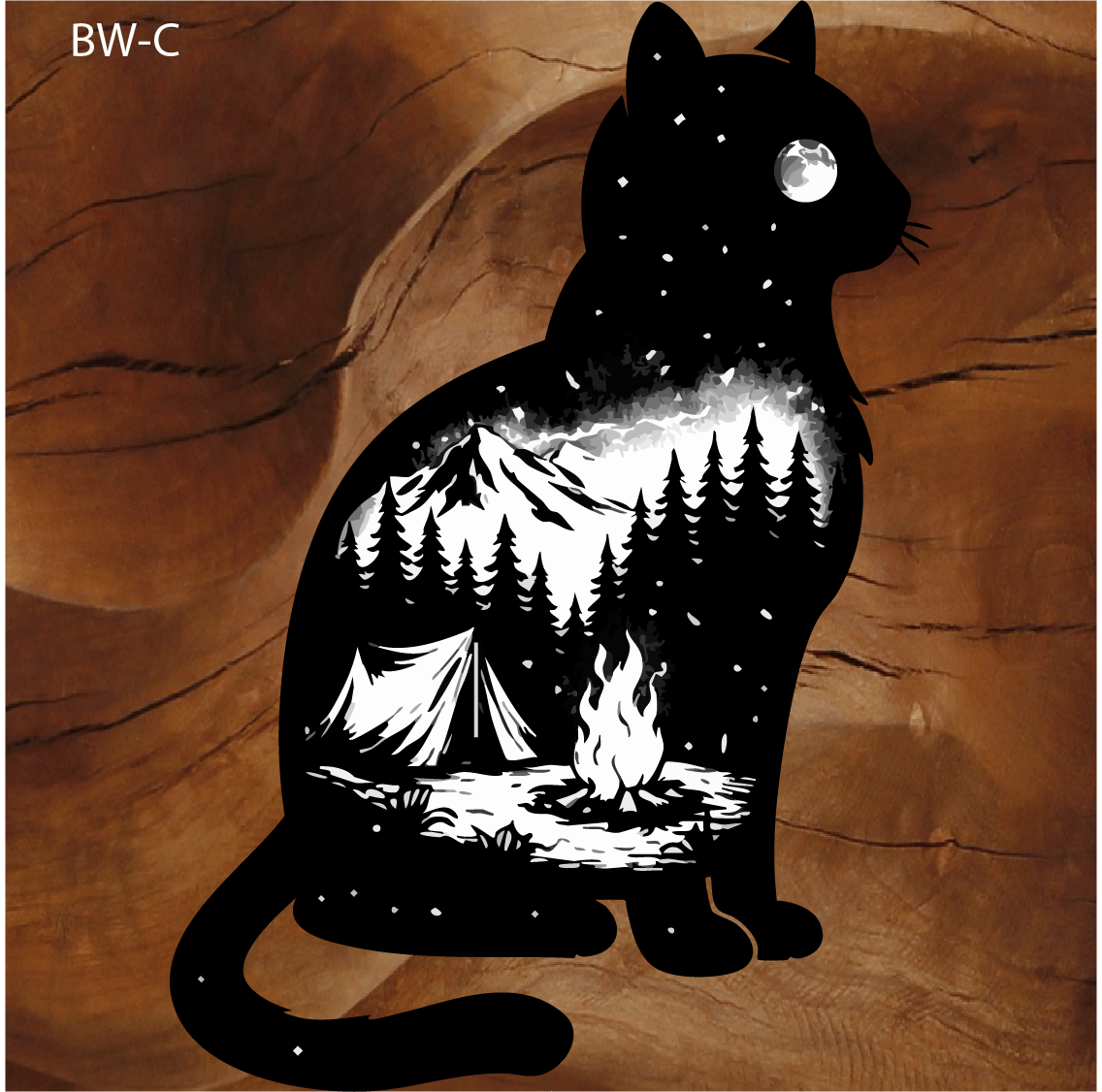 cat silhouette sticker, camping cat sticker, wilderness cat sticker, outdoor cat sticker, mountain camping sticker, cat camping sticker, tent campfire sticker, cat lover outdoor sticker, adventure cat sticker, hiking camping sticker, cat nature sticker, camping life sticker, mountain wilderness sticker