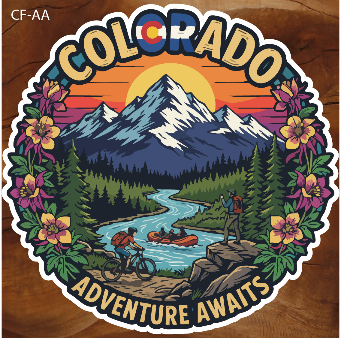 colorado adventure sticker, colorado outdoor sticker, colorado mountain sticker, colorado hiking sticker, colorado rafting sticker, colorado biking sticker, colorado river sticker, rocky mountains sticker, colorado wildflower sticker, colorado camping sticker, colorado souvenir sticker, colorado travel sticker