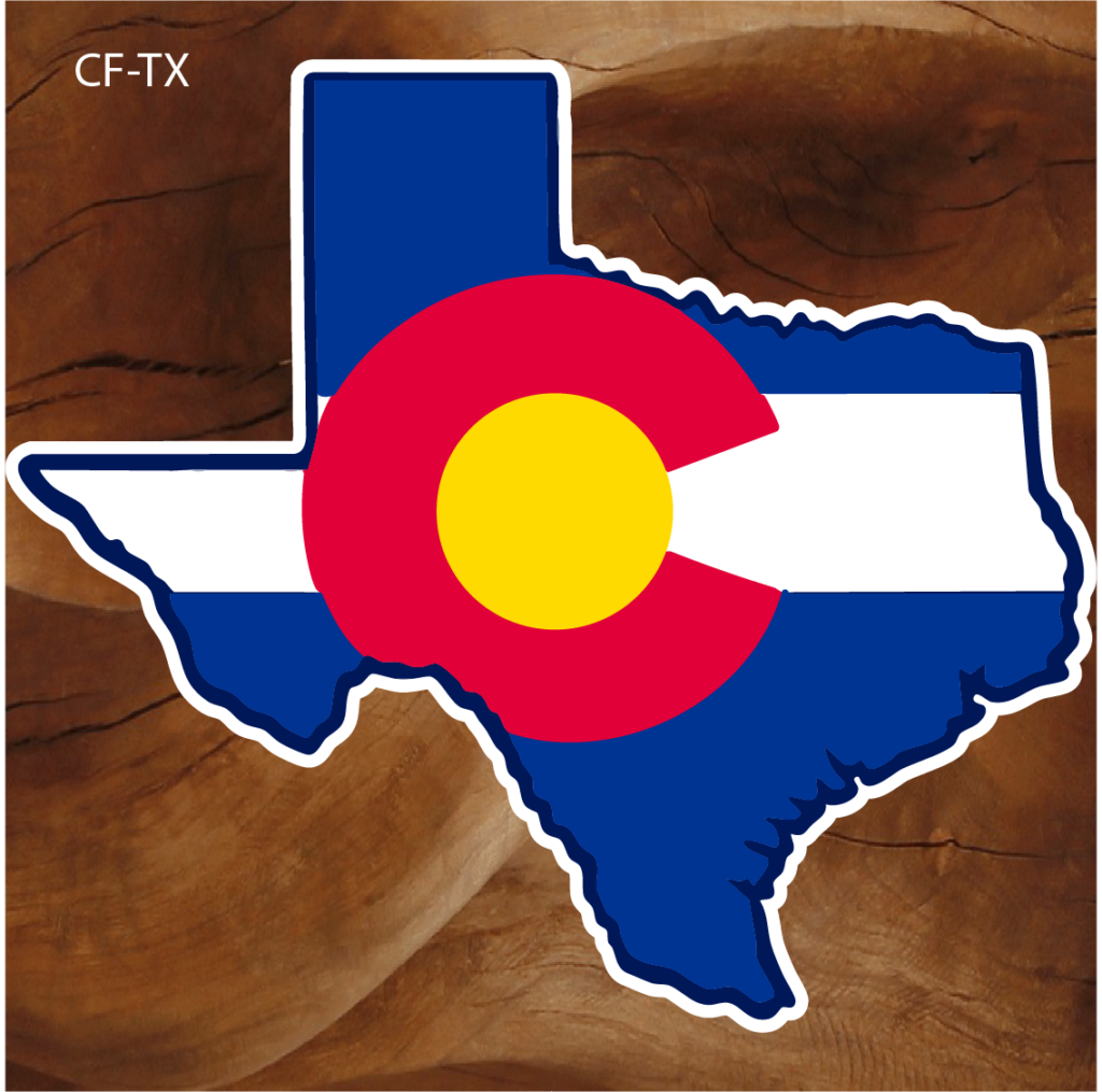 Colorado Flag Texas State Sticker. A Texas-shaped sticker featuring the ...