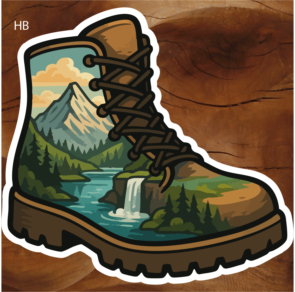 hiking boot sticker, mountain hiking sticker, outdoor adventure sticker, hiker sticker, mountain landscape sticker, waterfall mountain sticker, nature hiking decal, backpacking sticker, camping sticker, hiking gear sticker, outdoor lover sticker, mountain adventure sticker, trail hiking sticker, forest river sticker, national park style sticker, alpine landscape sticker, wilderness adventure sticker, mountain scenery sticker, hiking trail decal, nature lover sticker
