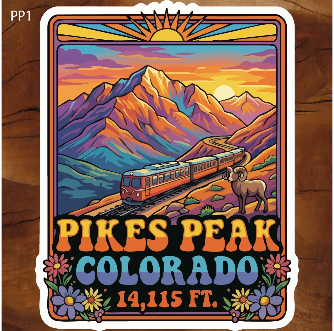 This is a sticker by Brian Lloyd Designs, Pikes Peak Printing.com, showing Pikes Peak, Colorado, the elevation, and the Cog Railway in a beautiful seventies style sticker.