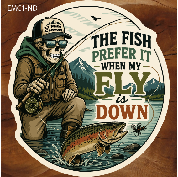 fly fishing sticker, funny fishing sticker, fly is down sticker, fly fisherman decal, rainbow trout sticker